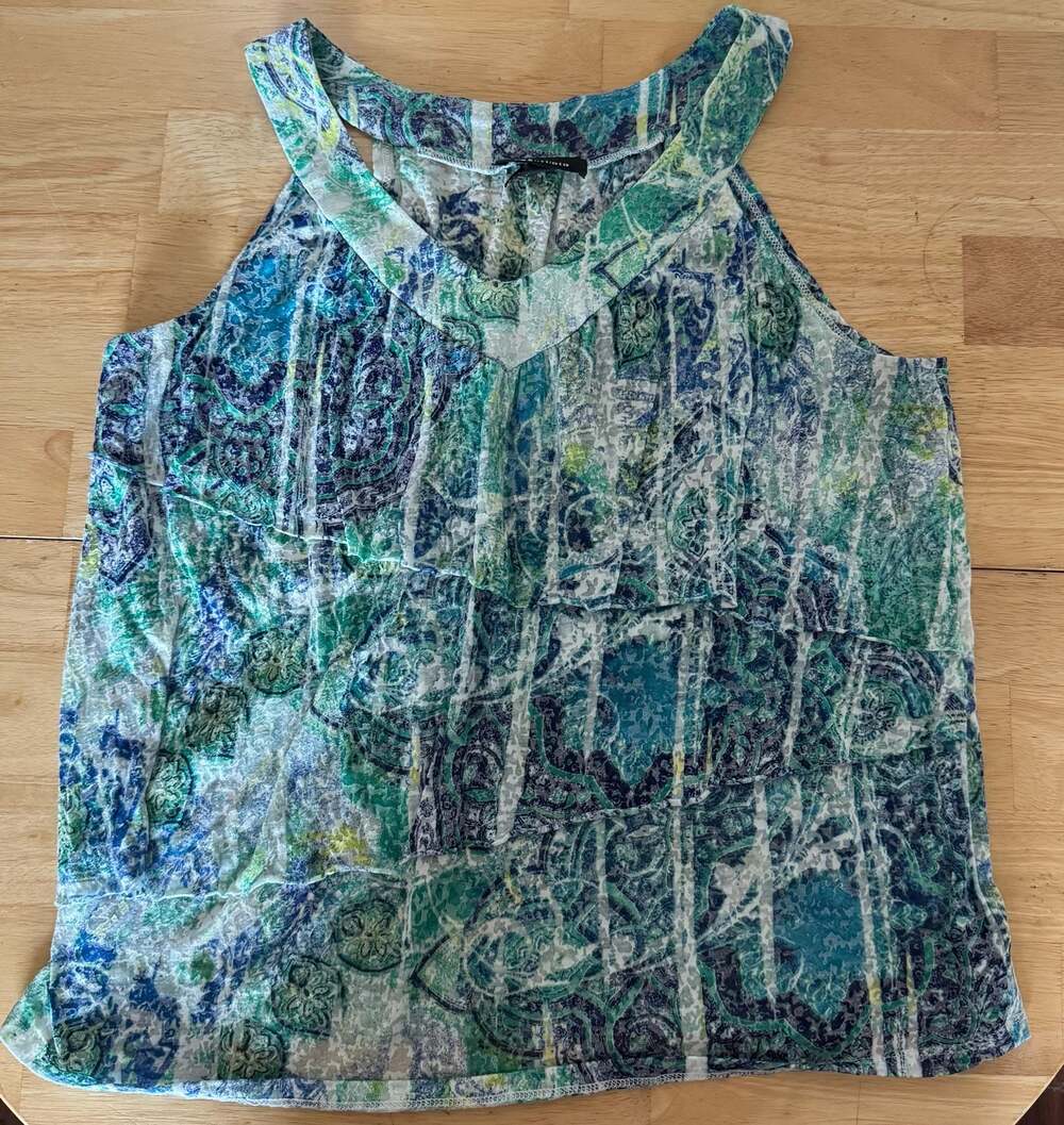 AB Studio Women's Large Blue & Green Paisley Tiered Ruffle Sleeveless Tank Top s